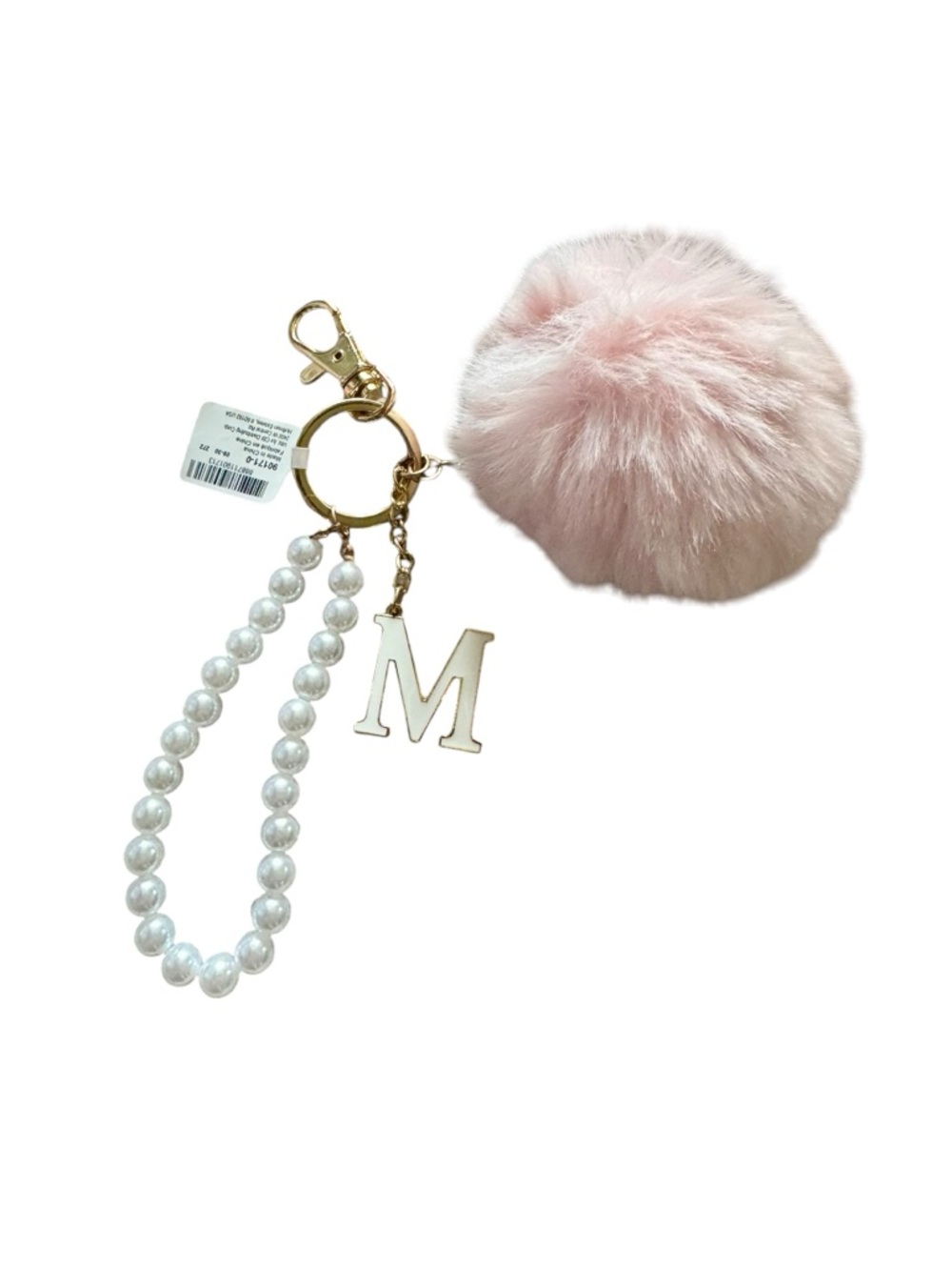 Pink Faux Fur Pom-Pom Keychain with Pearl Wrist Strap and 'M' Charm - Picture 1 of 3